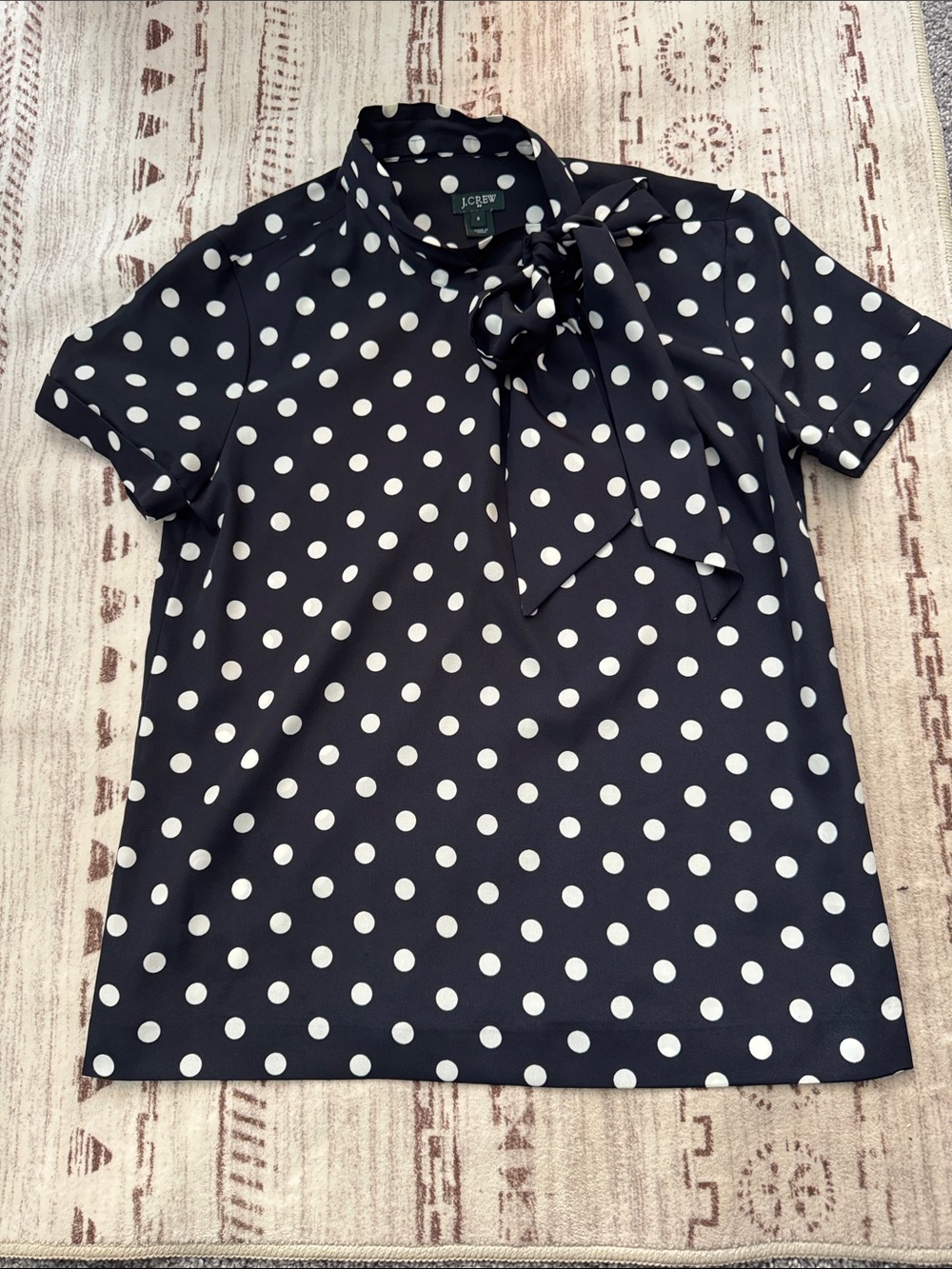 J Crew Polka Dot Tie-Neck Short Sleeve Blouse with Bow - classic, preppy